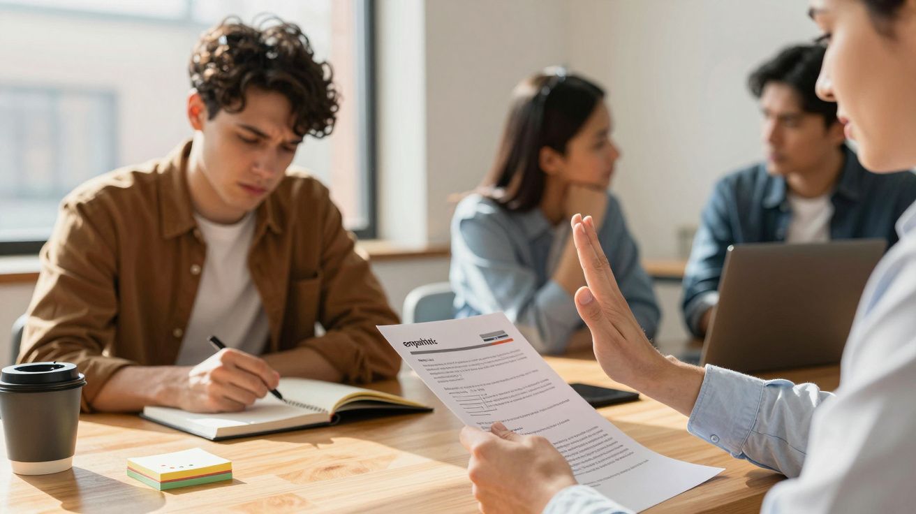 Personas trabajando en equipo alrededor de una mesa. Un hombre sostiene un documento mientras otro toma notas.