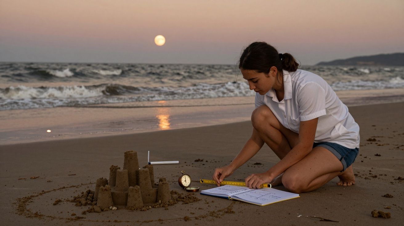 Mujer construyendo un castillo de arena en la playa al atardecer, con un cuaderno y herramientas de medición.