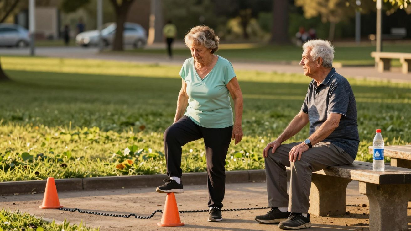 Persona mayor ejercitándose en parque con conos naranjas, junto a otra persona sentada en un banco observando.