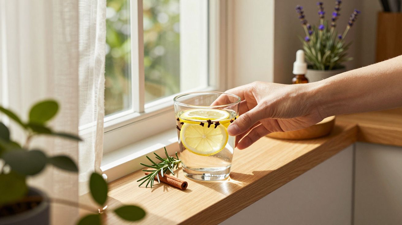 Mano sosteniendo un vaso con agua, rodaja de limón y clavos, junto a una ventana con plantas y luz natural.