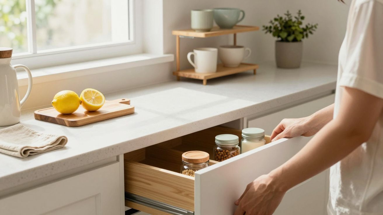 Persona abriendo un cajón de cocina con tarros de cristal. Encimera con limones, tazas y plantas en estantería.