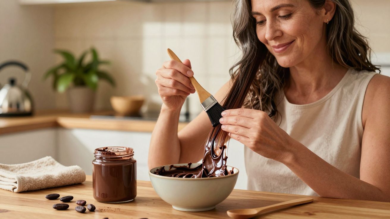 Mujer sonriente pintando chocolate derretido en un bol con un pincel en una cocina iluminada.