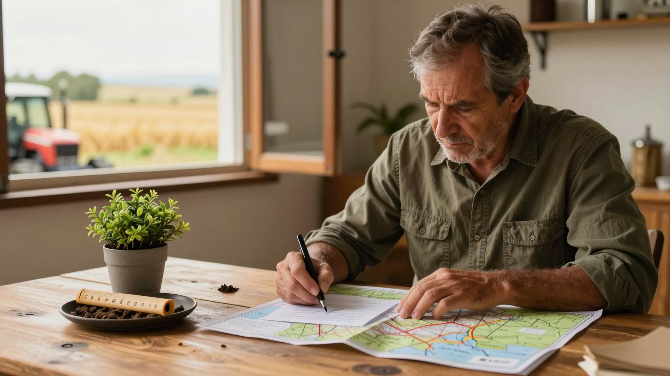 Hombre mayor en mesa de madera escribiendo sobre documentos y mapas; planta en maceta al lado, ventana al fondo.