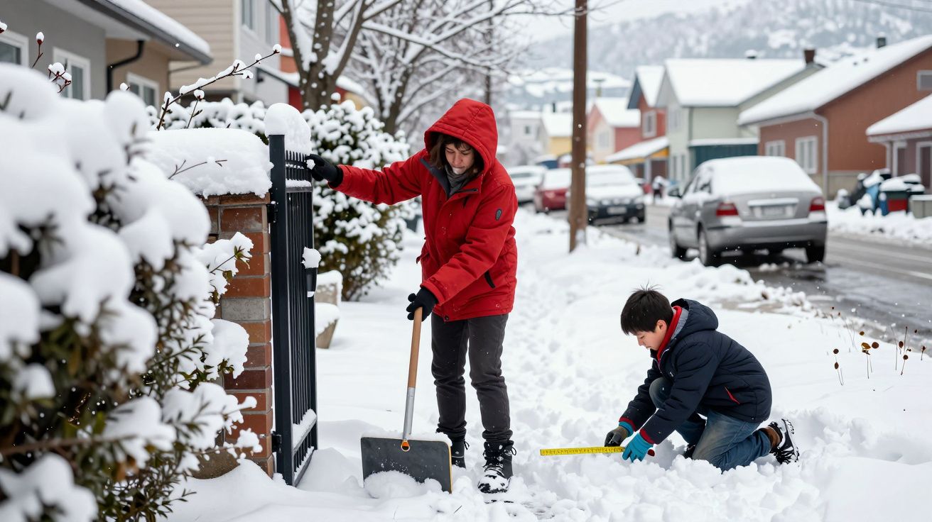 Dos niños palean nieve en una calle residencial nevada, uno mide la nieve y otro, con abrigo rojo, usa una pala.