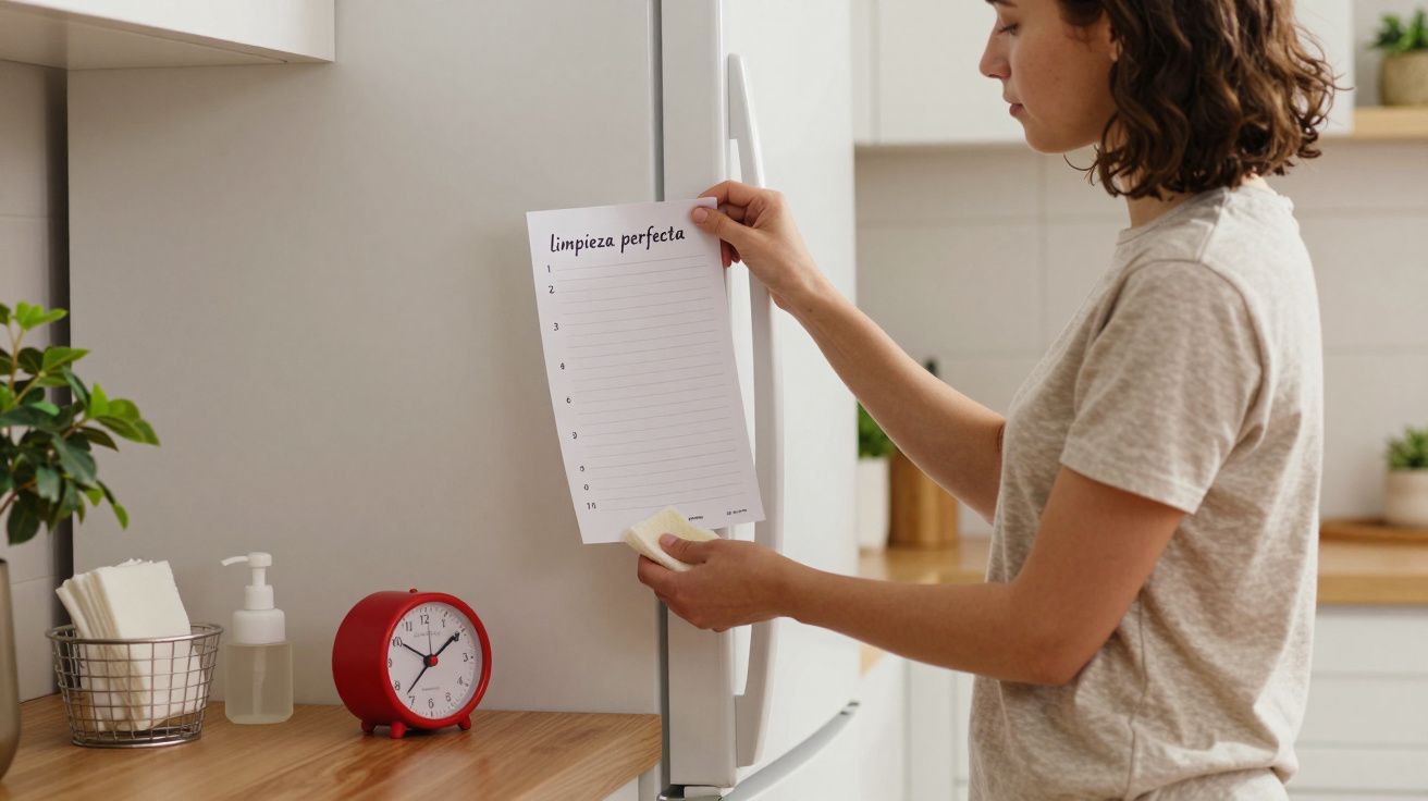 Mujer pegando lista de limpieza en el frigorífico, junto a un reloj rojo y botellas en la encimera de la cocina.