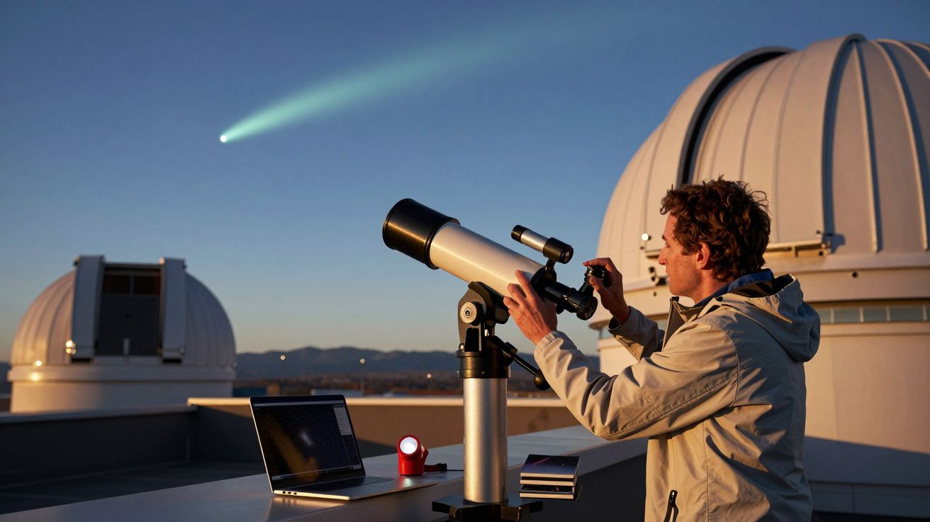 Astrónomo observa un cometa con telescopio en un observatorio al atardecer.
