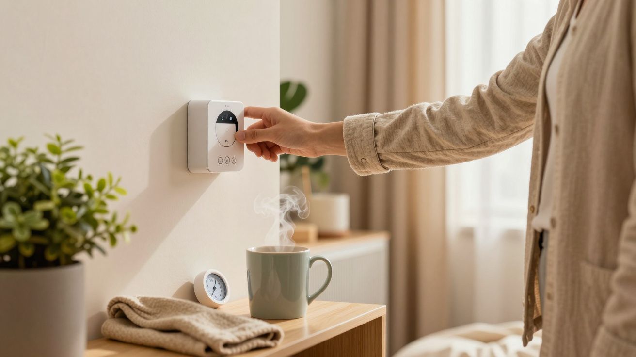 Persona ajustando termostato en pared cerca de mesa con taza humeante y reloj pequeño en habitación luminosa.