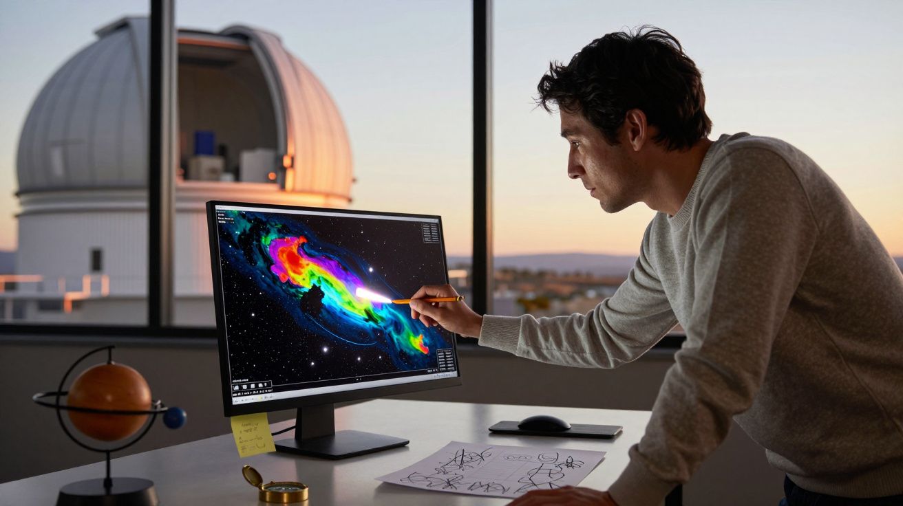 Hombre analizando imagen de nebulosa en pantalla, con observatorio al fondo y maquetas en el escritorio.