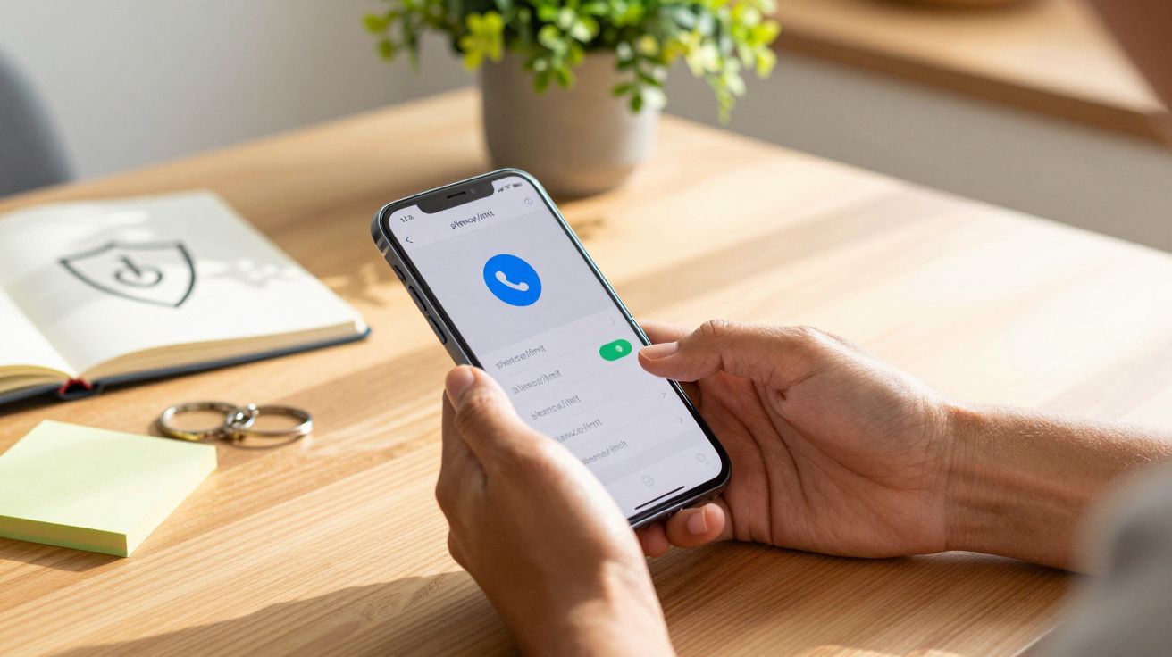 Persona ajustando la configuración de llamada en un smartphone, sobre una mesa de madera con hojas y llaves.