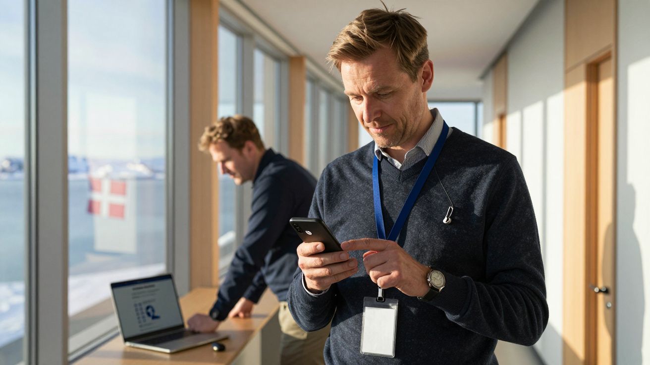 Hombre con gafete usando móvil en pasillo luminoso; otra persona trabajando en portátil al fondo.