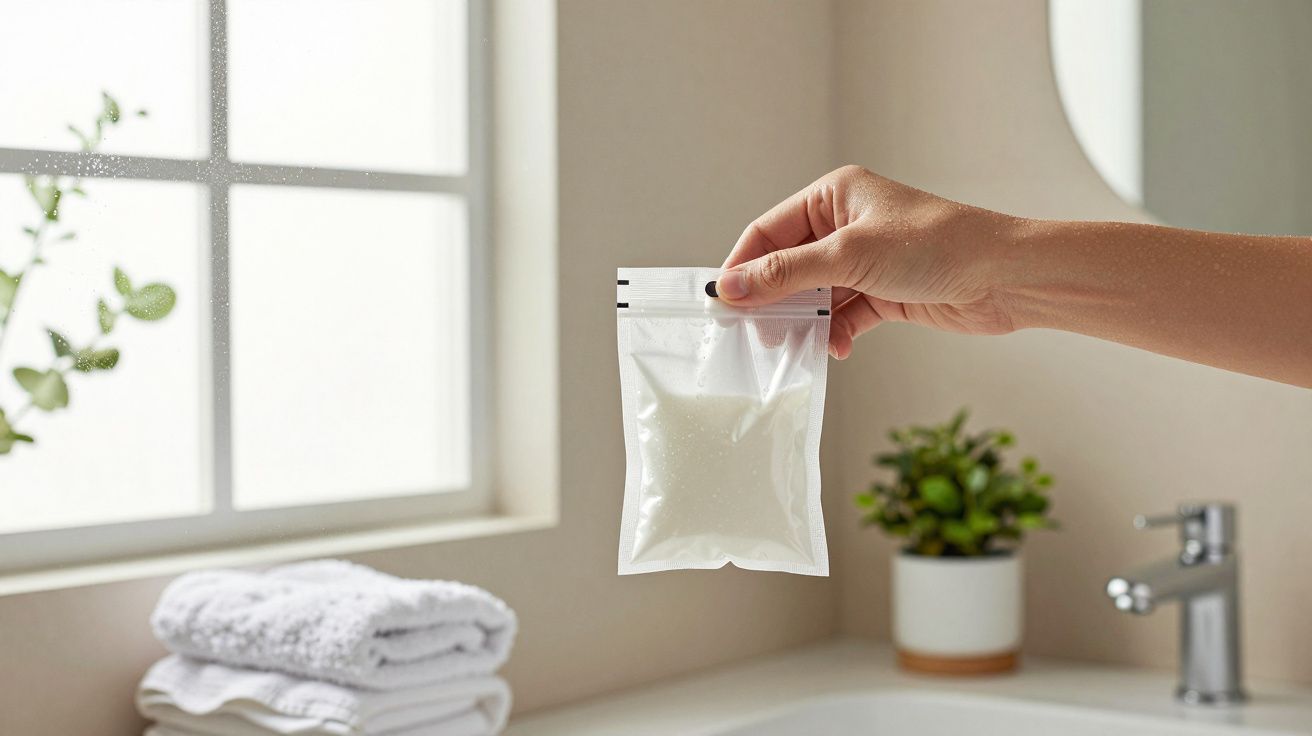 Mano sosteniendo una bolsa de plástico con líquido en un baño luminoso con toallas y planta en el fondo.