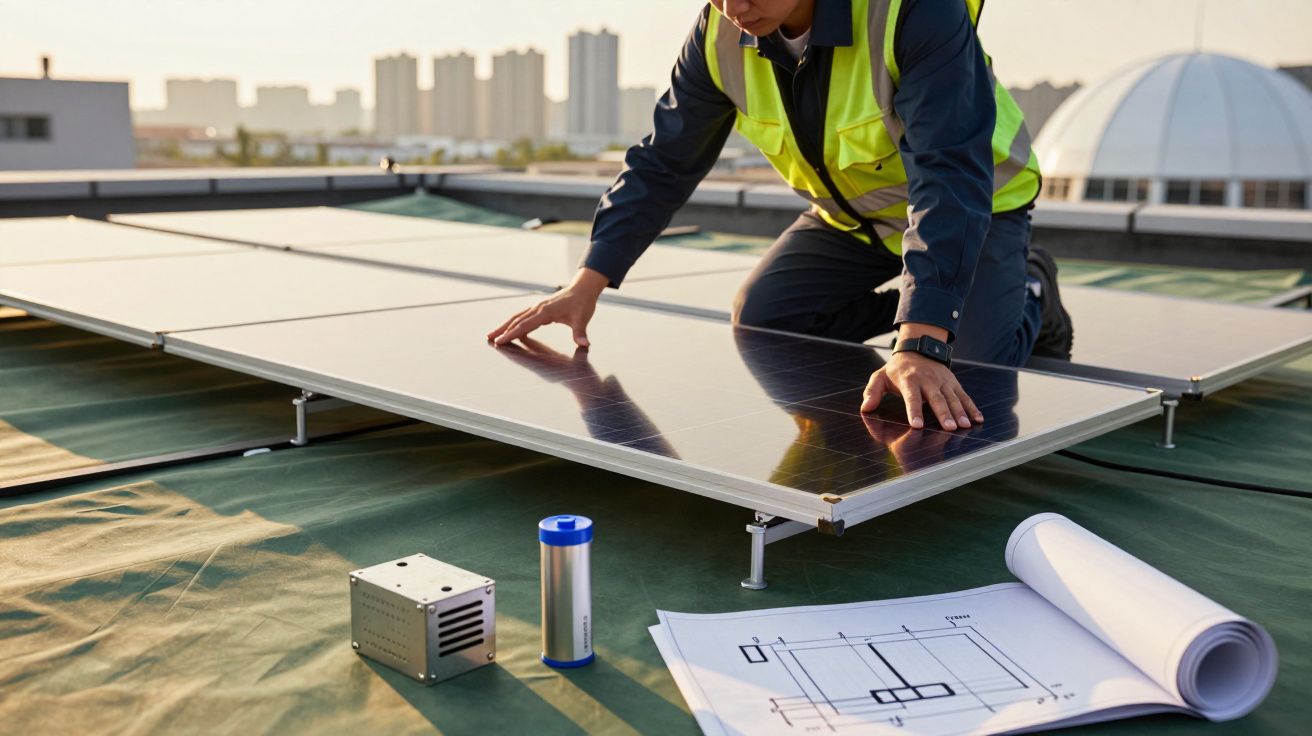 Trabajador instalando paneles solares en un tejado, con planos y herramientas al frente y ciudad al fondo.
