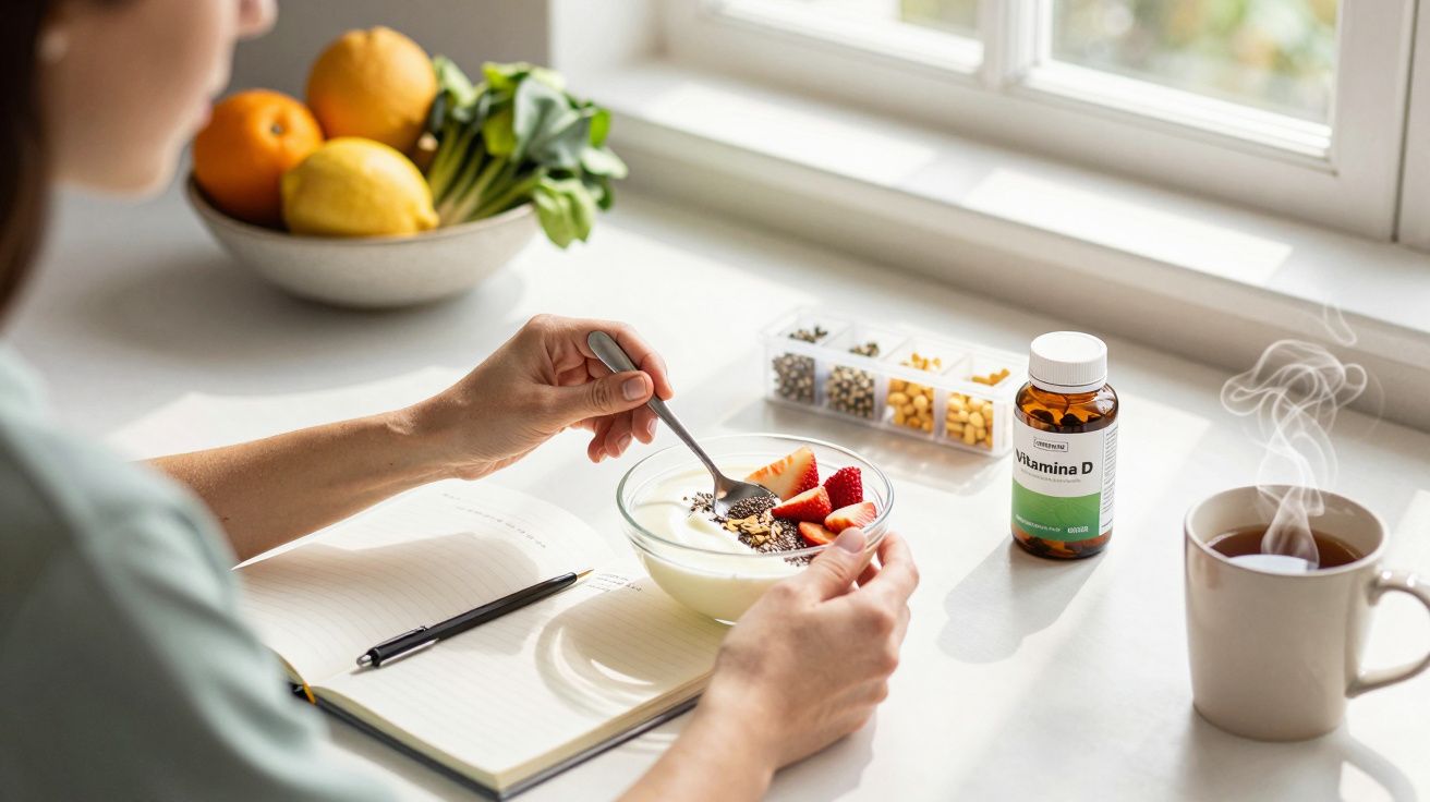 Persona desayunando yogur con fruta y semillas, cuaderno abierto y taza de té al lado, junto a pastillas de vitamina D.