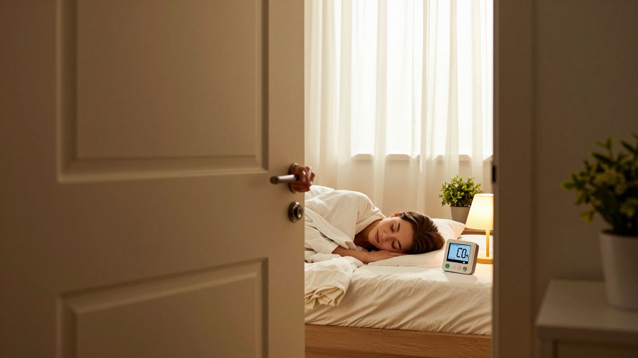 Mujer durmiendo en cama blanca junto a un monitor de CO2 y una lámpara encendida, vista desde una puerta entreabierta.