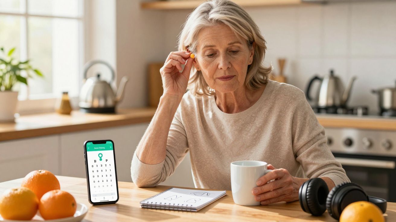 Mujer mayor con auricular, taza de café y móvil con calendario en la cocina. Auriculares al lado.