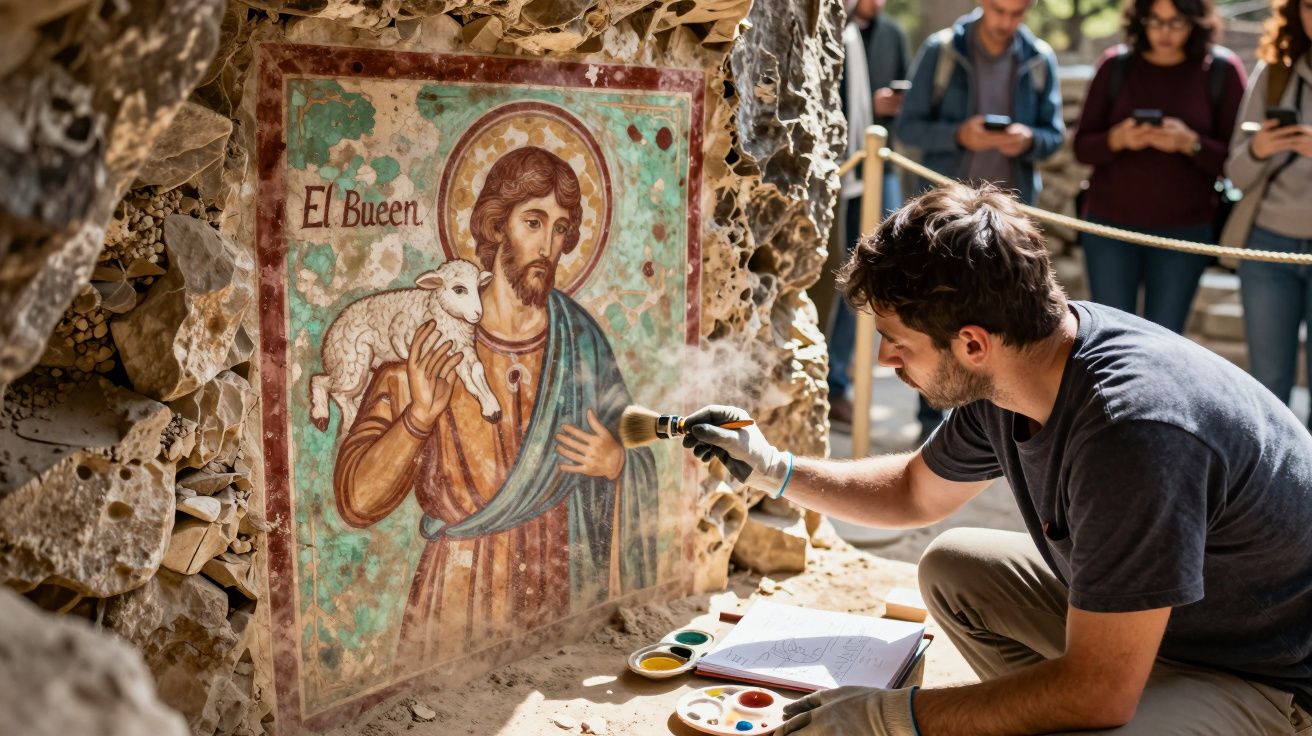 Restaurador limpiando un mural religioso de "El Buen Pastor" en una cueva, observado por varias personas al fondo.