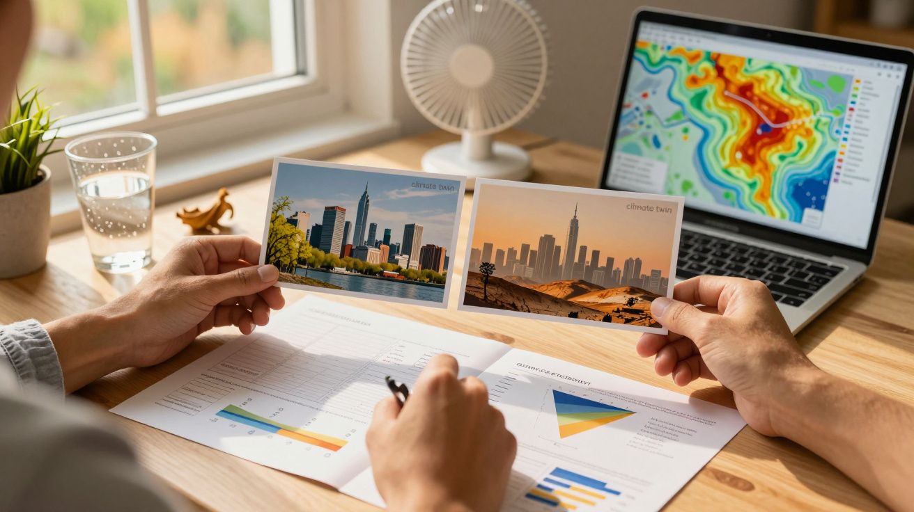 Manos sosteniendo fotos de ciudades frente a gráficos y un mapa de calor en un portátil.