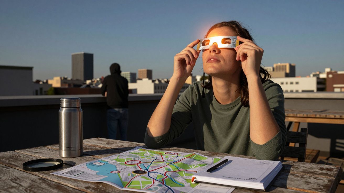 Mujer en azotea observando el sol con gafas especiales, mapa y cuaderno sobre la mesa. Ciudad en el fondo.