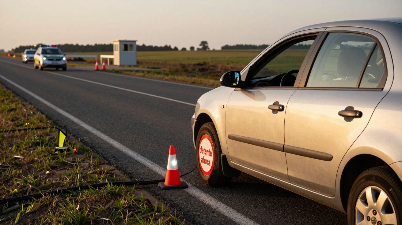 Coche gris detenido en carretera rural al atardecer, con cono de tráfico y señales de advertencia en primer plano.