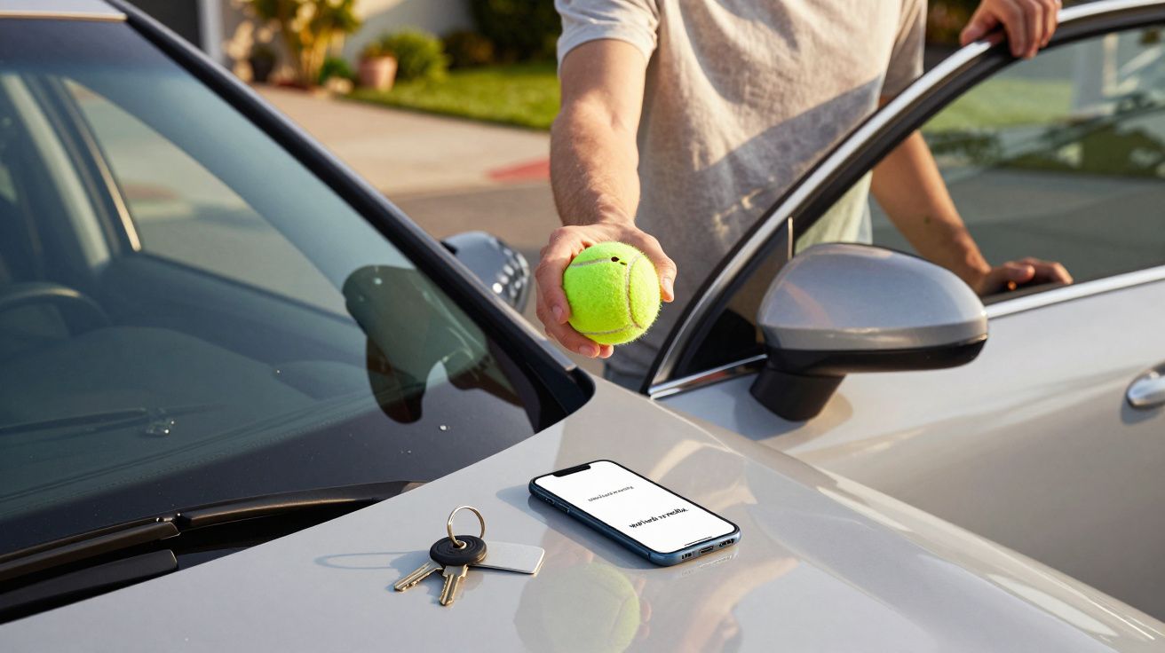 Persona sosteniendo una pelota de tenis junto a un coche abierto, con llaves y un móvil sobre el capó del vehículo.