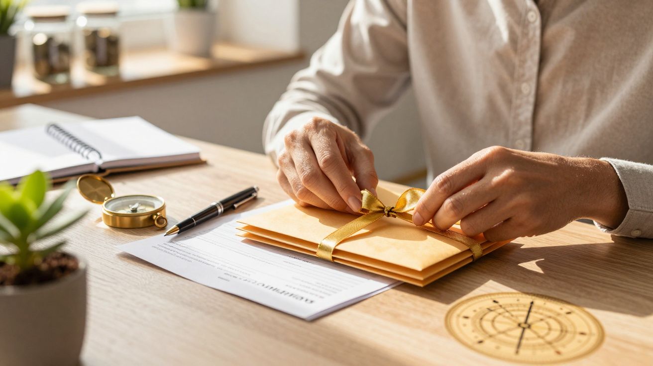 Persona atando cintas amarillas a sobres sobre un escritorio con brújula y papeles.