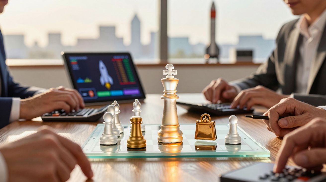 Personas en oficina jugando ajedrez, trabajando en portátiles, con gráficos y una maqueta de cohete de fondo.