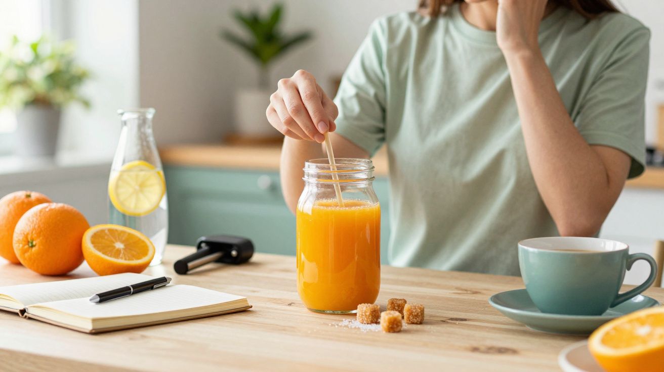 Persona revolviendo zumo de naranja en un tarro, con taza, cuaderno, naranjas y azucarillos sobre la mesa de cocina.