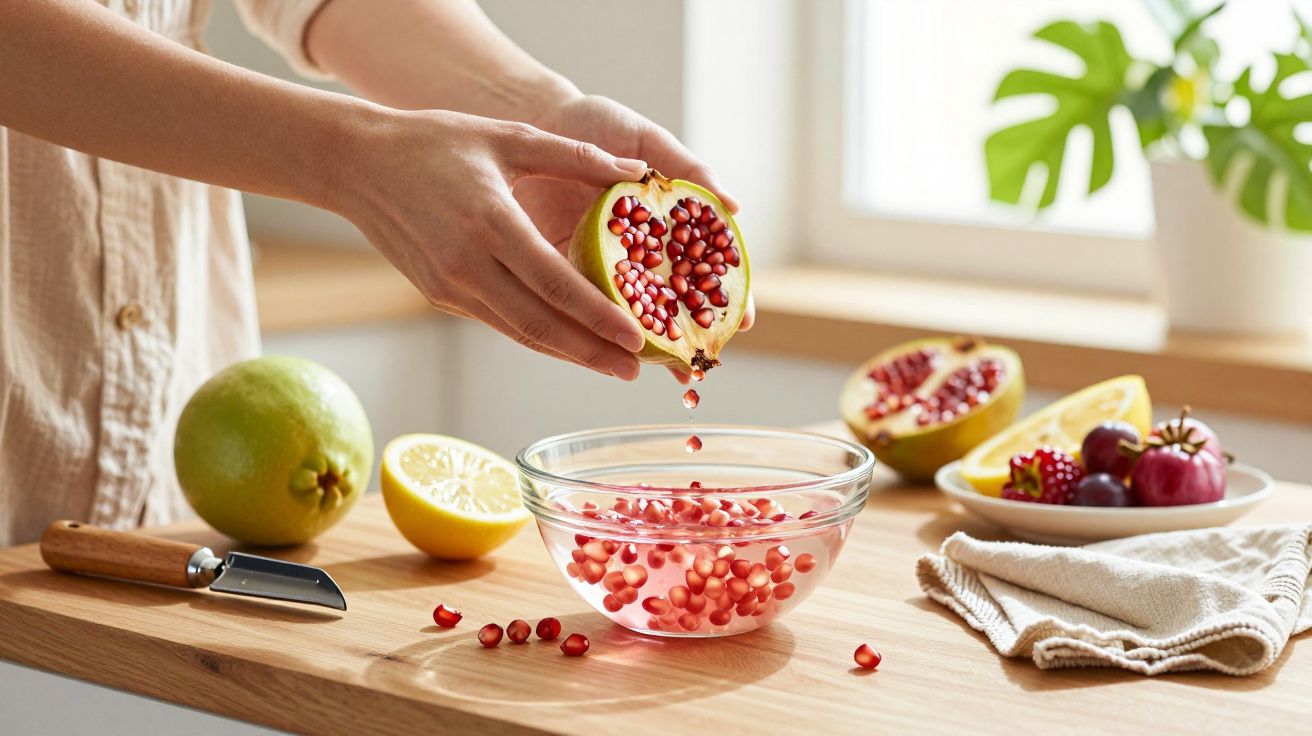 Manos exprimiendo una granada sobre un bol de semillas en una cocina luminosa.