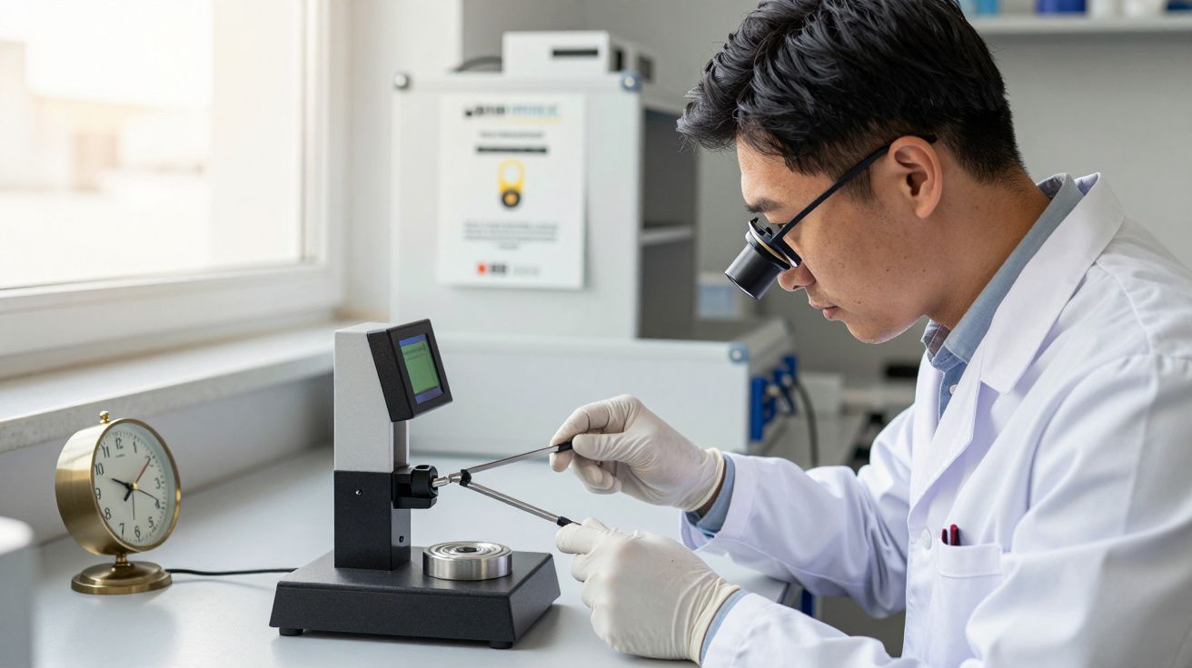 Científico en laboratorio trabajando con un dispositivo de precisión, usando guantes y gafas protectoras.