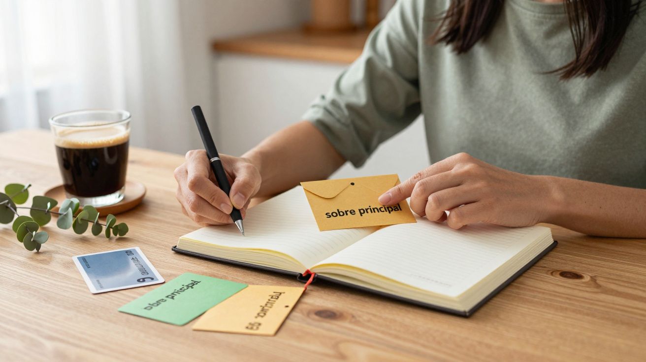 Persona escribiendo en un cuaderno abierto en una mesa con café y notas adhesivas.
