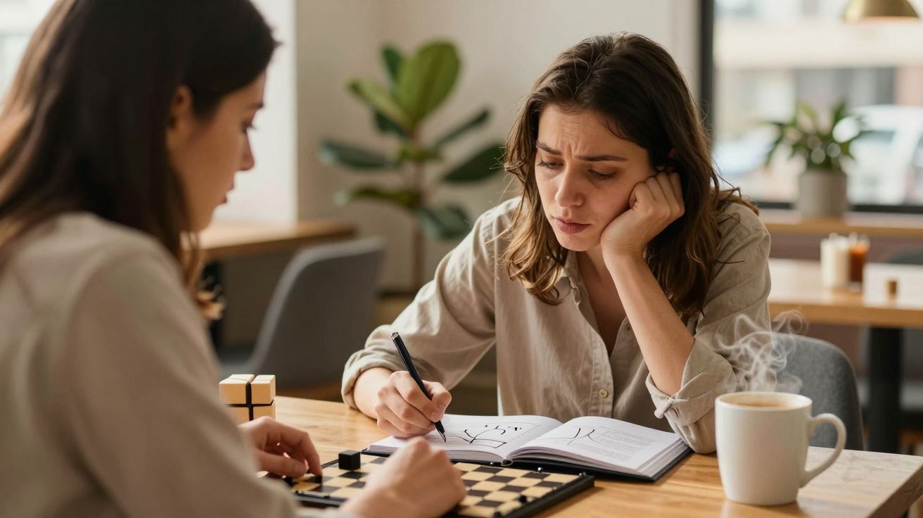 Dos mujeres jugando al ajedrez sobre una mesa de madera, con un cuaderno abierto y una taza de café humeante.