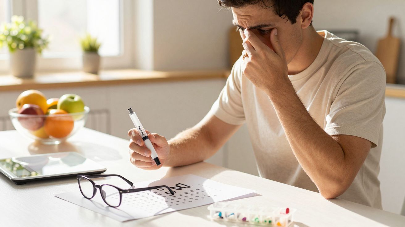 Hombre frustrado intenta resolver puzle en casa, con gafas y bolígrafo, rodeado de frutas y una tablet en la mesa.