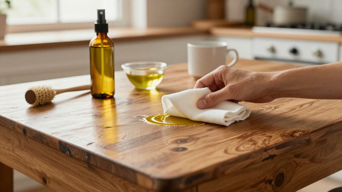 Mano limpiando un derrame de aceite en una mesa de madera con un paño blanco; en la mesa hay una botella y un cuenco.