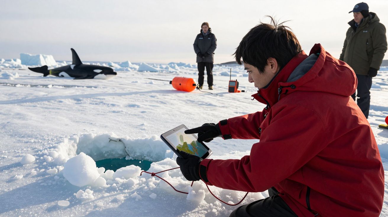 Científico con tablet mide el hielo en el Ártico; orca falsa y otras dos personas al fondo sobre la nieve.