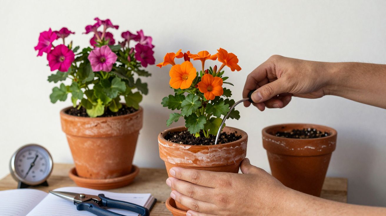 Manos cuidando flores en maceta de barro, con herramientas de jardinería sobre la mesa.