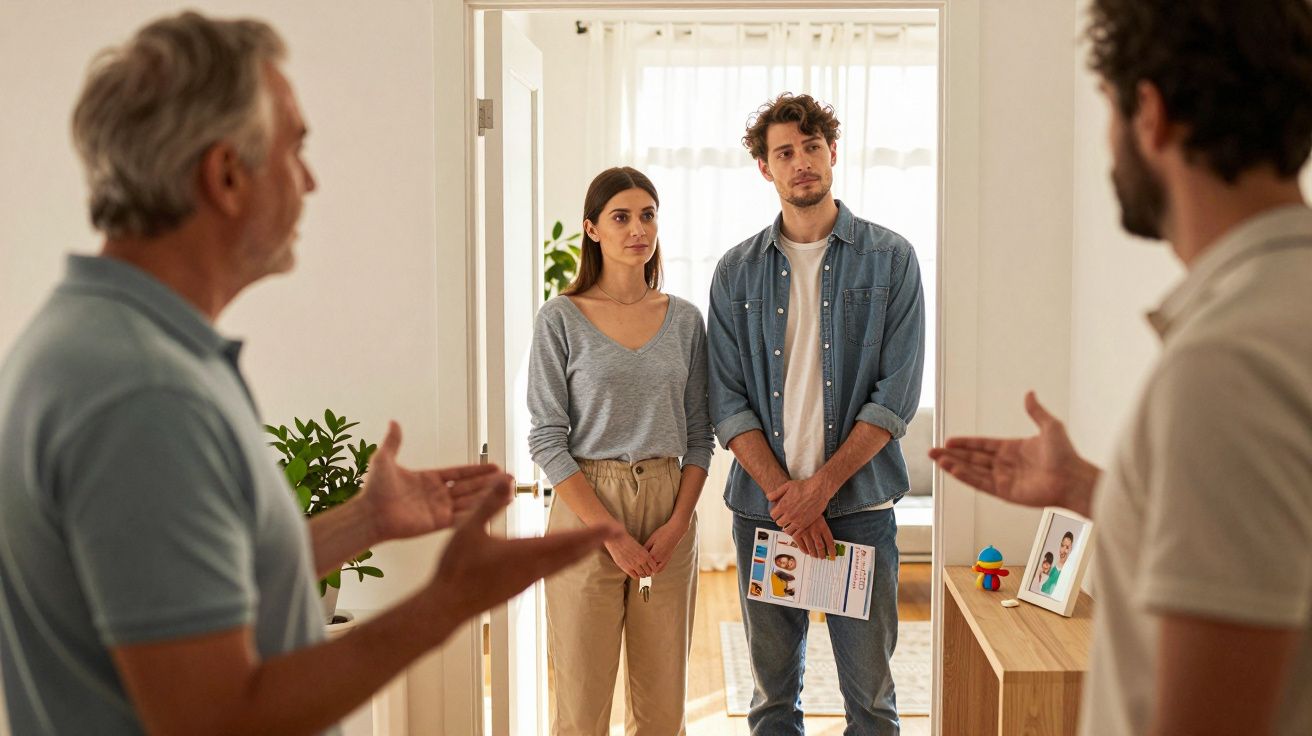 Pareja joven con documentos escucha a dos hombres mayores gesticulando en una sala iluminada.