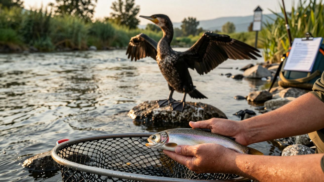 Hombre sostiene un pez en un río, con un cormorán de pie sobre una roca cercana.