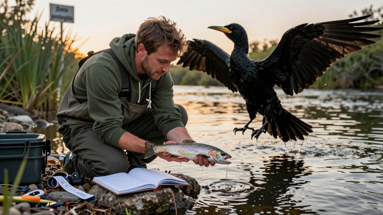 Hombre pescando una trucha junto a un cormorán en un río al atardecer. Herramientas y libreta cerca del agua.