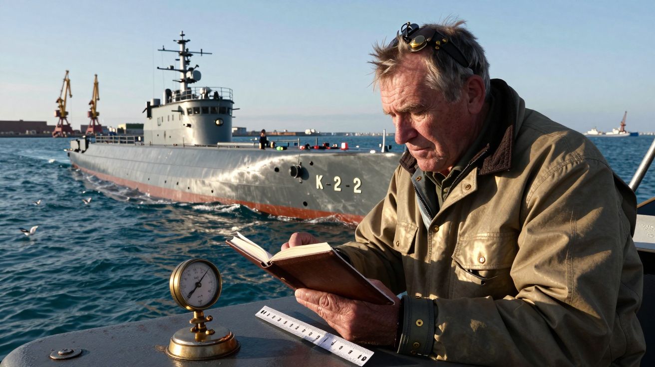 Hombre mayor tomando notas en una libreta, con un buque militar K-2-2 y gaviotas en el puerto al fondo.