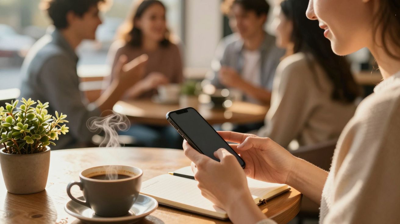 Mujer usando móvil en cafetería con cuatro personas conversando al fondo, taza de café y cuaderno sobre la mesa.