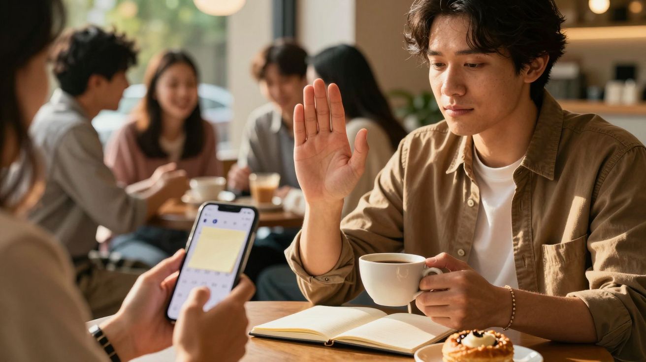 Hombre con taza de café levanta la mano mientras otra persona revisa su móvil en una cafetería.