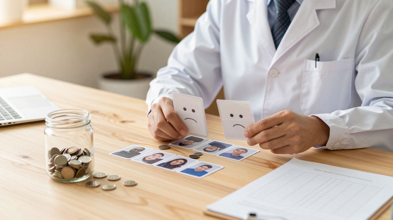 Persona en bata blanca eligiendo entre fotos con expresiones tristes.