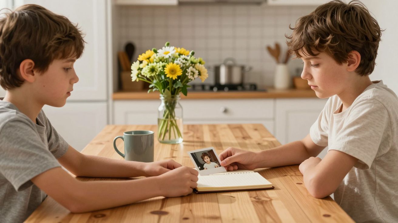Dos niños sentados en una mesa miran una foto. Al fondo, jarrón con flores amarillas.