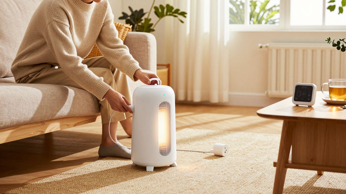 Persona conectando un calentador eléctrico en una sala de estar luminosa, con muebles de madera y plantas.