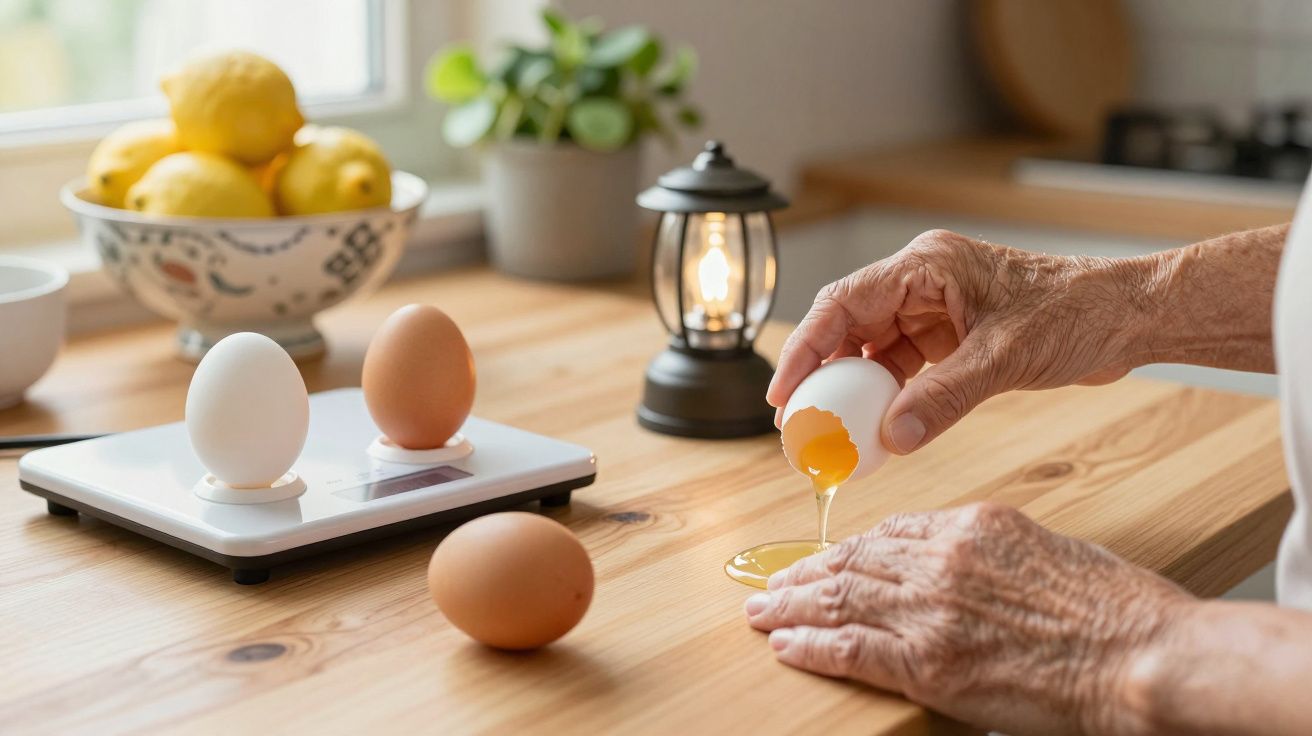 Manos de una persona rompiendo un huevo sobre una mesa de madera, con huevos y limones en el fondo.
