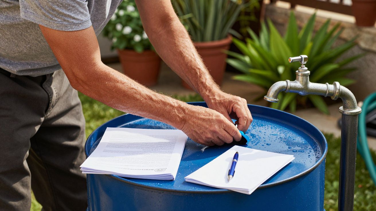 Hombre ajusta un bidón azul de agua junto a un grifo, con papeles y bolígrafo encima, en un jardín.
