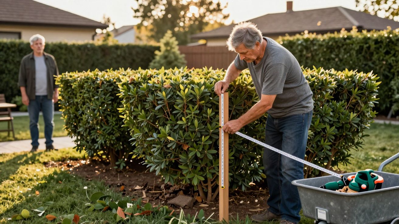 Hombre midiendo cerca de un arbusto con una cinta métrica en un jardín, mientras otro hombre observa al fondo.