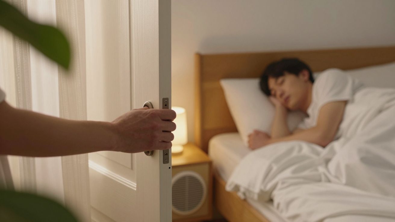 Puerta abierta hacia un dormitorio donde una persona duerme en una cama bajo una lámpara de noche encendida.