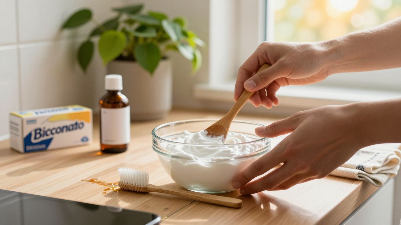 Manos mezclando crema blanca en un bol de cristal en una cocina, con bicarbonato y planta de fondo.
