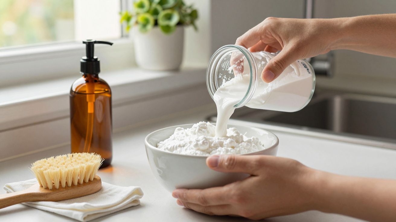 Manos vertiendo líquido blanco en polvo en un bol blanco, junto a cepillo y dispensador ámbar sobre encimera blanca.